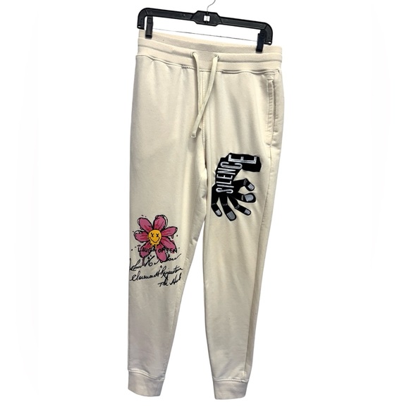 Off Beat Pants - Offbeat Cream Joggers with Graphic Print Size Small